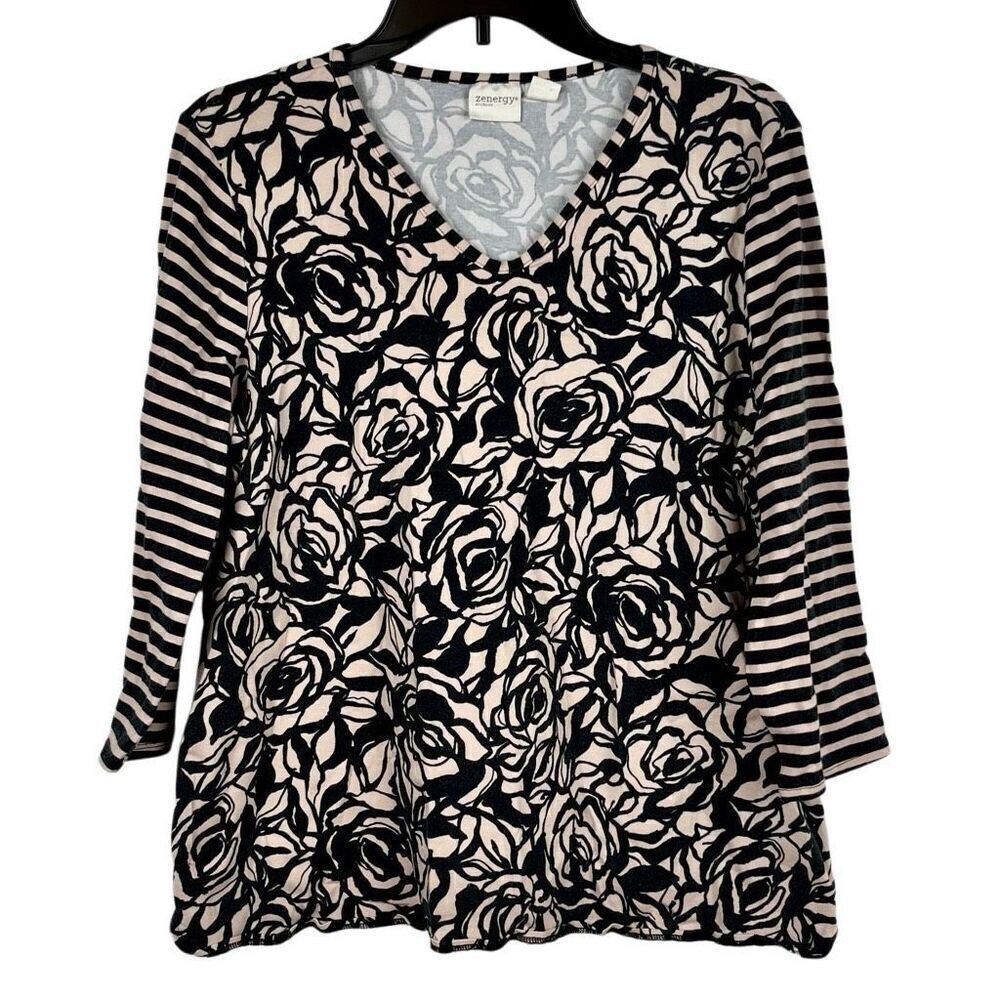 Zenergy By Chico’s Rose Floral Stripe V-neck 3/4 Sleeve Top 3 XL 16